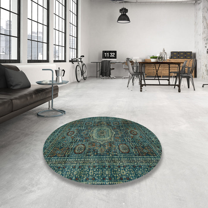 Round Machine Washable Abstract -Sea Green Rug in a Office, wshabs1307