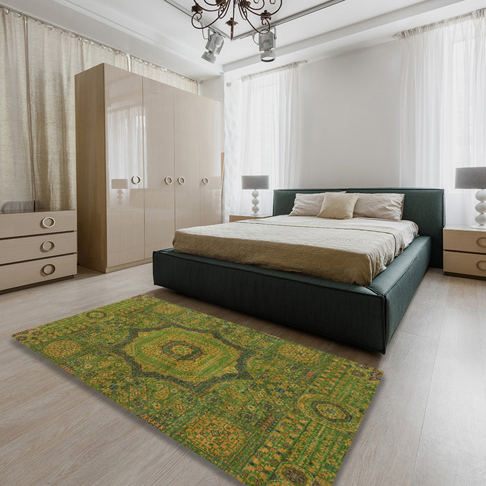 Machine Washable Abstract Dark Yellow Green Rug in a Bedroom, wshabs1311