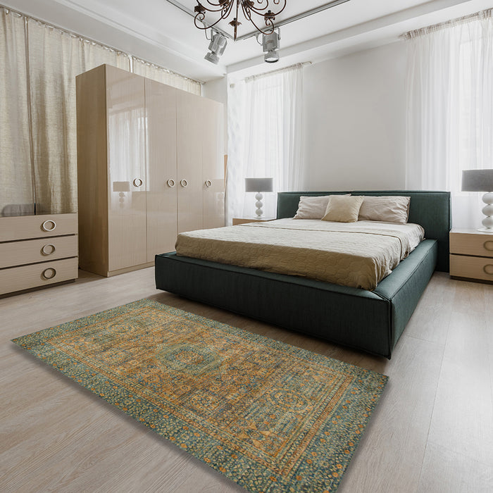 Machine Washable Abstract Brass Green Rug in a Bedroom, wshabs1312