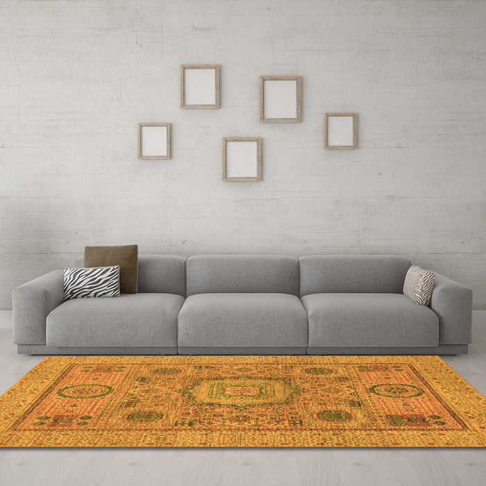 Machine Washable Abstract Orange Modern Area Rugs in a Living Room, wshabs1313org