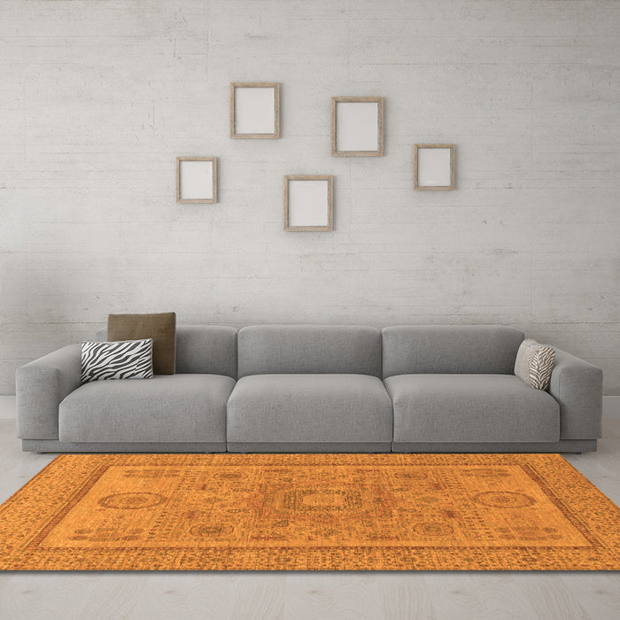 Machine Washable Abstract Orange Modern Area Rugs in a Living Room, wshabs1314org