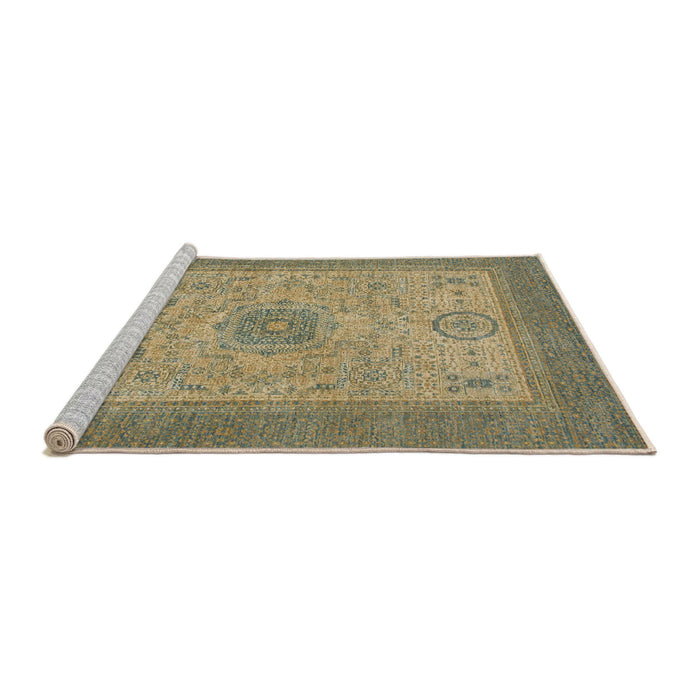Sideview of Machine Washable Abstract Brass Green Rug, wshabs1317