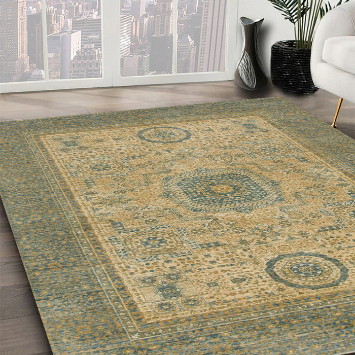 Abstract Copper Green Modern Rug in Family Room, abs1317