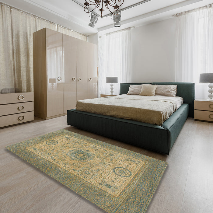 Abstract Copper Green Modern Rug in a Bedroom, abs1317