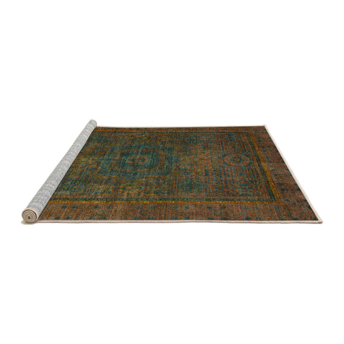 Sideview of Machine Washable Abstract Antique Bronze Green Rug, wshabs1319