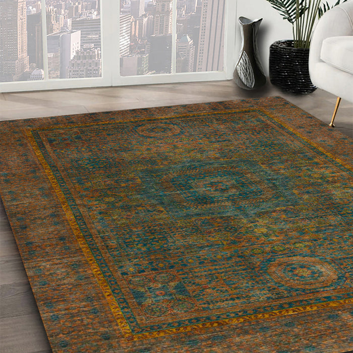 Machine Washable Abstract Antique Bronze Green Rug in a Family Room, wshabs1319