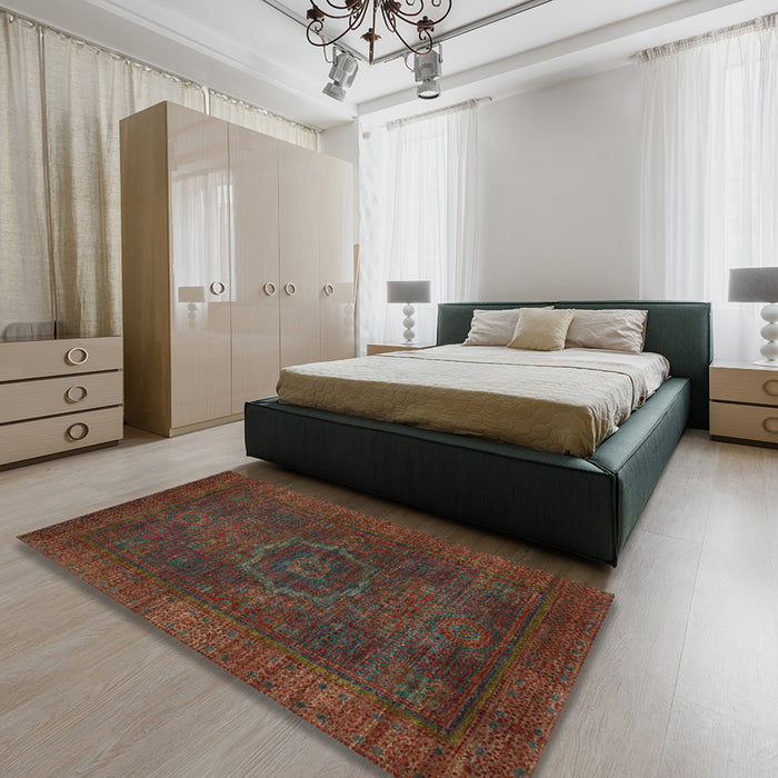 Abstract Saffron Red Modern Rug in a Bedroom, abs1324