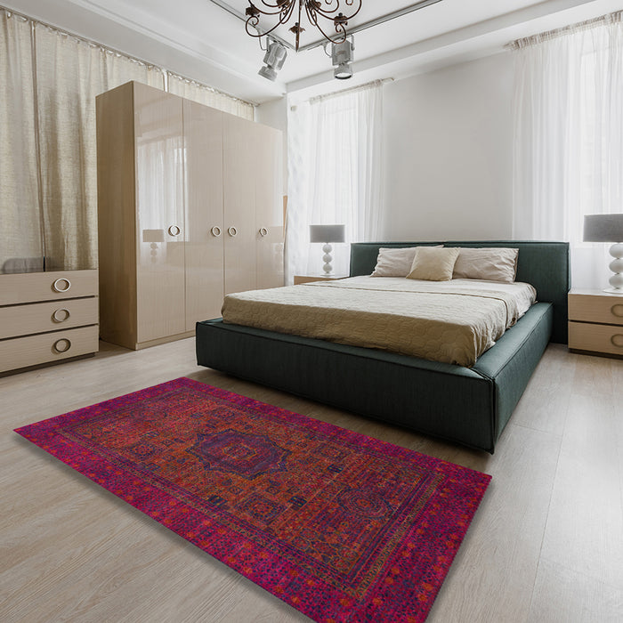 Machine Washable Abstract Brown Red Rug in a Bedroom, wshabs1326