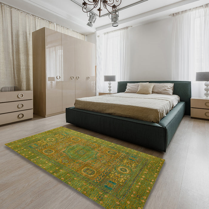 Machine Washable Abstract Dark Yellow Green Rug in a Bedroom, wshabs1327