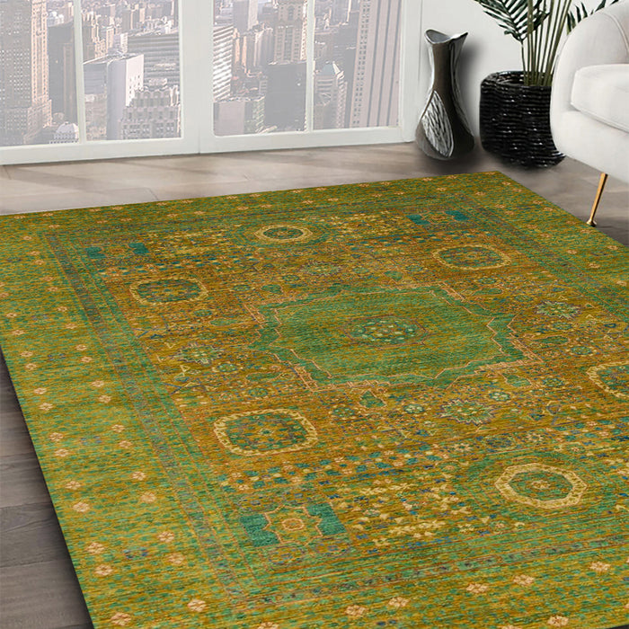 Abstract Dark Yellow Green Modern Rug in Family Room, abs1327