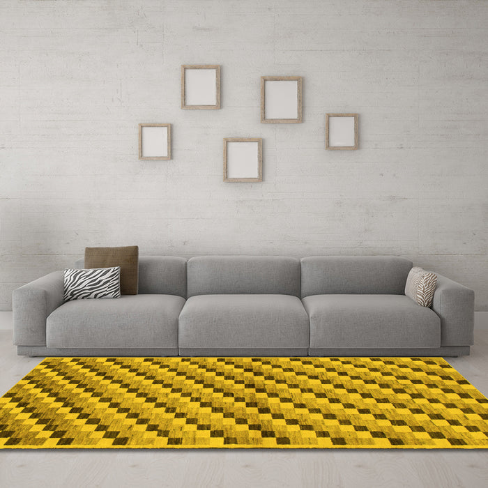 Machine Washable Checkered Yellow Modern Rug in a Living Room, wshabs1346yw