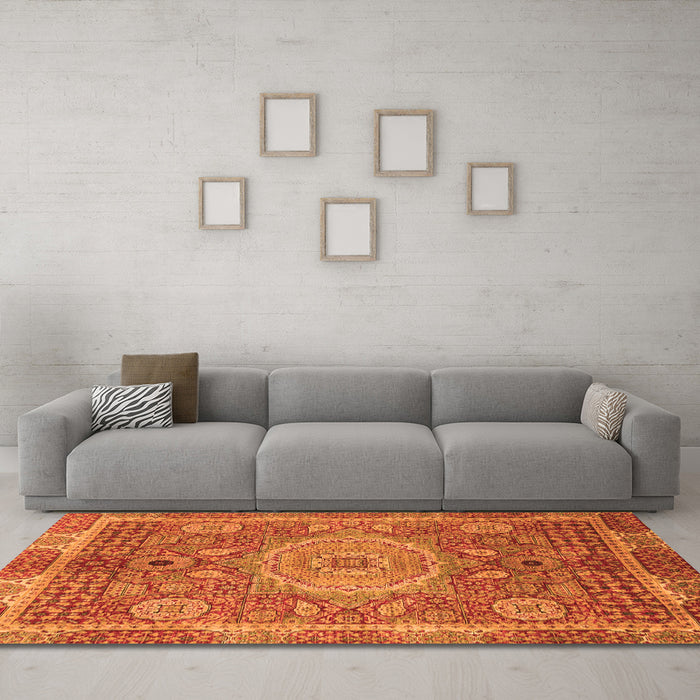 Machine Washable Abstract Orange Modern Area Rugs in a Living Room, wshabs1351org