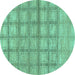 Round Machine Washable Checkered Turquoise Modern Area Rugs, wshabs1353turq