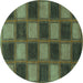 Round Machine Washable Checkered Turquoise Modern Area Rugs, wshabs1357turq