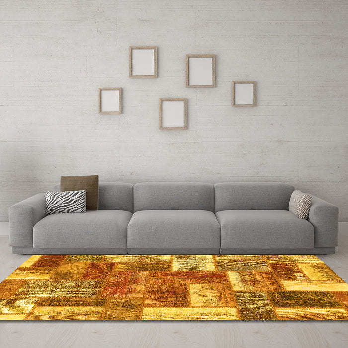 Machine Washable Patchwork Yellow Transitional Rug in a Living Room, wshabs1358yw