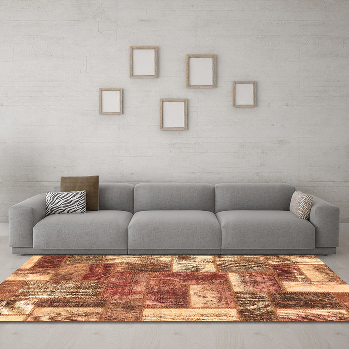 Machine Washable Patchwork Brown Transitional Rug in a Living Room,, wshabs1358brn
