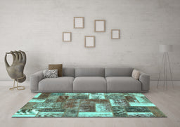 Machine Washable Patchwork Turquoise Transitional Area Rugs in a Living Room,, wshabs1358turq