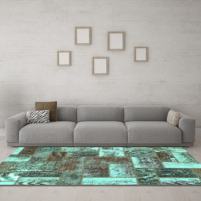 Machine Washable Patchwork Turquoise Transitional Area Rugs in a Living Room,, wshabs1358turq