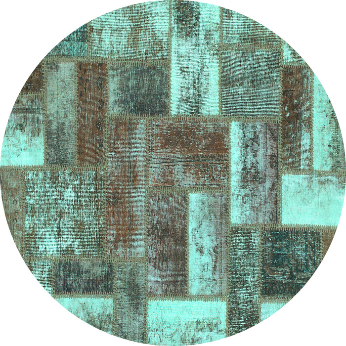 Round Machine Washable Patchwork Turquoise Transitional Area Rugs, wshabs1358turq