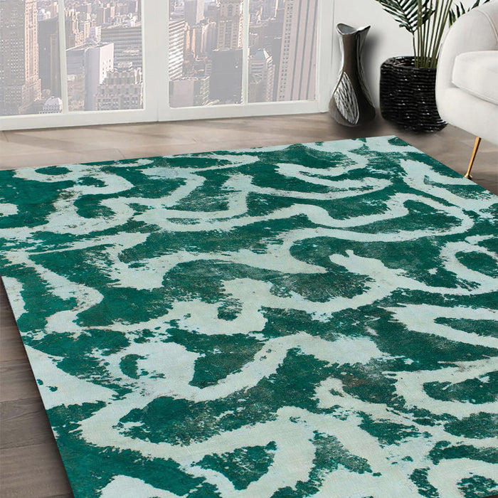 Abstract Teal Green Modern Rug in Family Room, abs1369