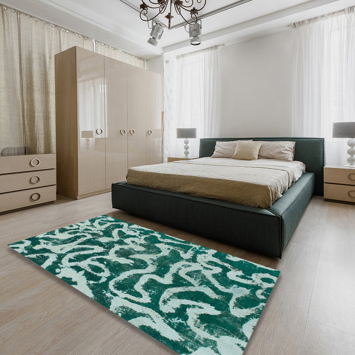 Abstract Teal Green Modern Rug in a Bedroom, abs1369