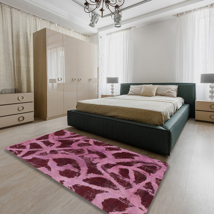 Machine Washable Abstract Vermilion Red Rug in a Bedroom, wshabs1370