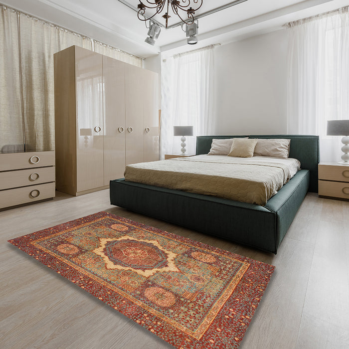 Abstract Orange Brown Modern Rug in a Bedroom, abs1374