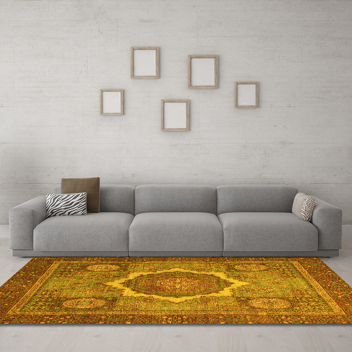 Machine Washable Abstract Yellow Modern Rug in a Living Room, wshabs1374yw