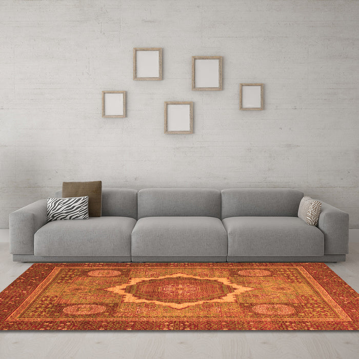 Machine Washable Abstract Orange Modern Area Rugs in a Living Room, wshabs1374org