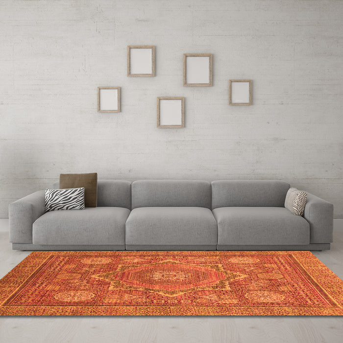 Machine Washable Abstract Orange Modern Area Rugs in a Living Room, wshabs1375org
