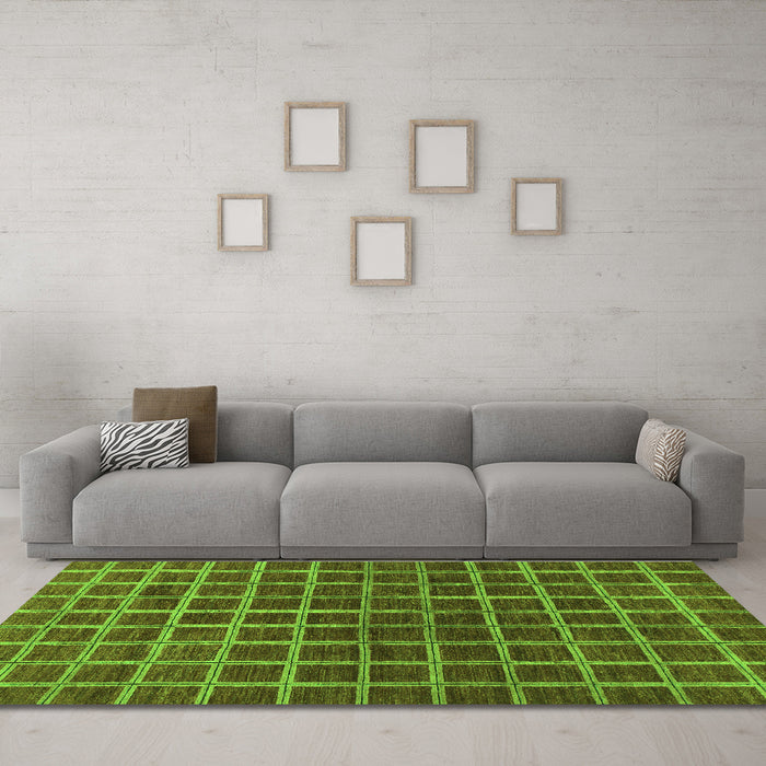 Machine Washable Checkered Green Modern Area Rugs in a Living Room,, wshabs1384grn