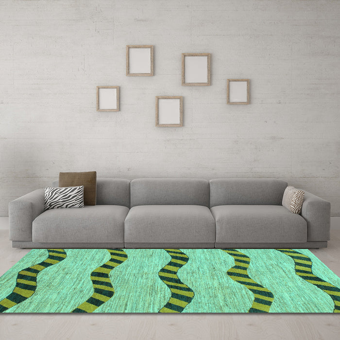 Machine Washable Abstract Turquoise Modern Area Rugs in a Living Room,, wshabs1387turq