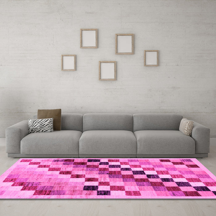 Machine Washable Checkered Pink Modern Rug in a Living Room, wshabs139pnk
