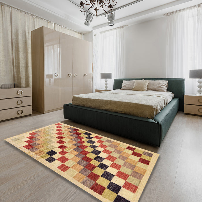 Abstract Chrome Gold Yellow Checkered Rug in a Bedroom, abs139