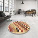 Round Abstract Chrome Gold Yellow Checkered Rug in a Office, abs139