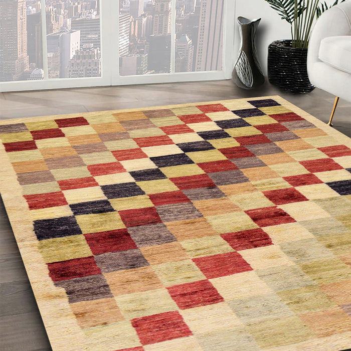 Abstract Chrome Gold Yellow Checkered Rug in Family Room, abs139