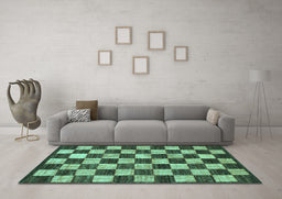 Machine Washable Checkered Turquoise Modern Area Rugs in a Living Room,, wshabs1416turq
