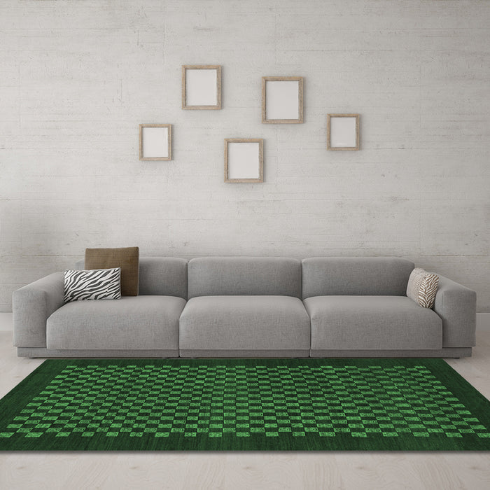 Machine Washable Checkered Emerald Green Modern Area Rugs in a Living Room,, wshabs1435emgrn