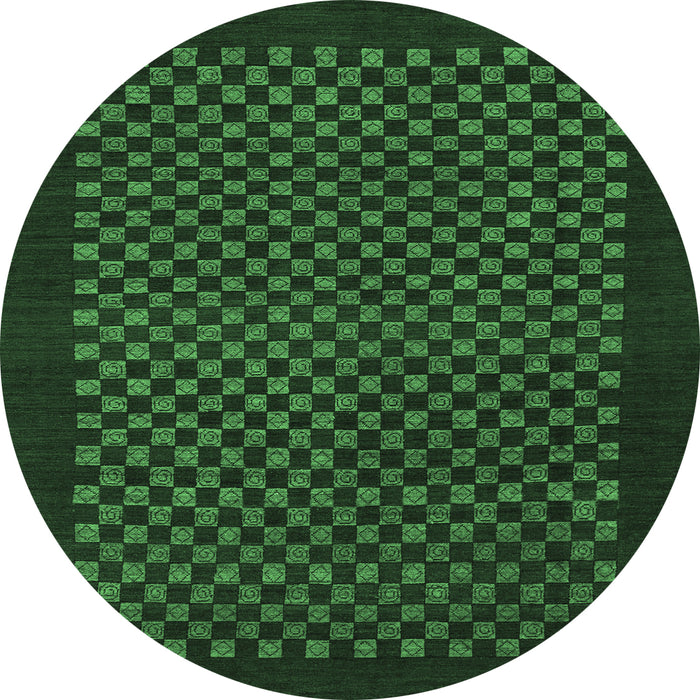 Round Machine Washable Checkered Emerald Green Modern Area Rugs, wshabs1435emgrn