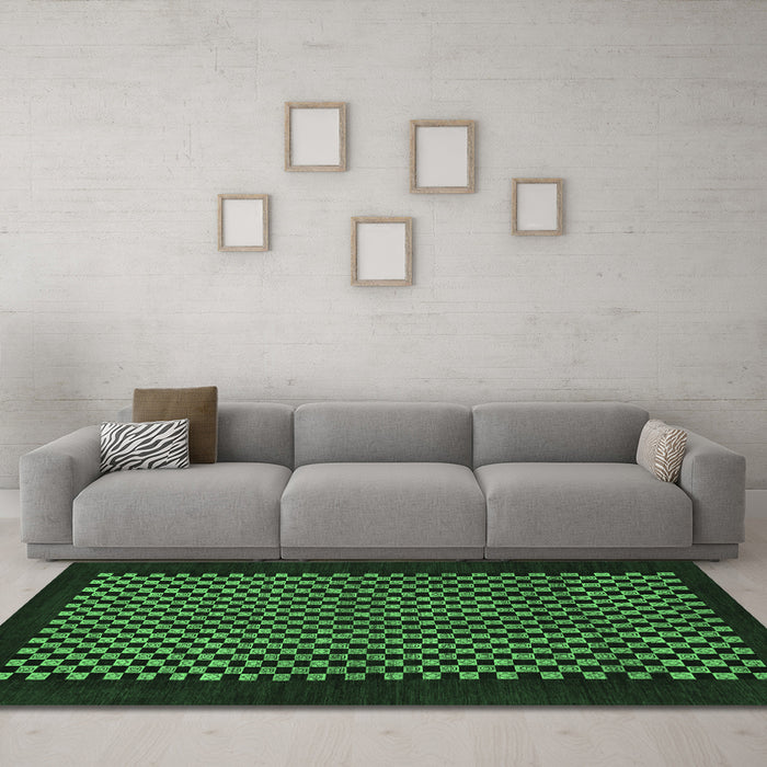Machine Washable Checkered Emerald Green Modern Area Rugs in a Living Room,, wshabs1436emgrn