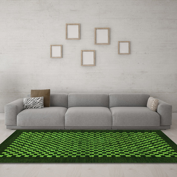Machine Washable Checkered Green Modern Area Rugs in a Living Room,, wshabs1436grn
