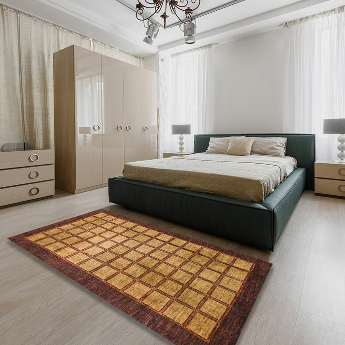 Abstract Saffron Red Checkered Rug in a Bedroom, abs1440