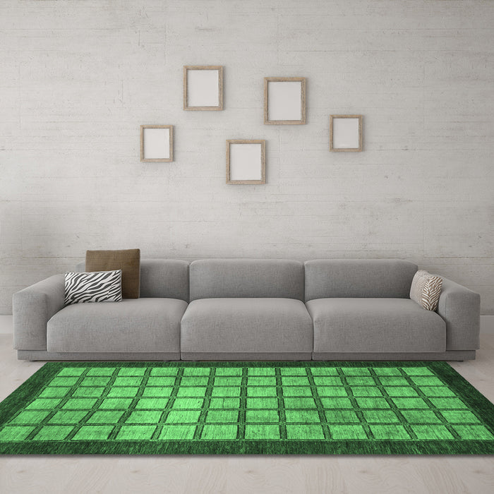 Machine Washable Checkered Emerald Green Modern Area Rugs in a Living Room,, wshabs1440emgrn
