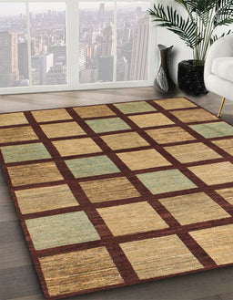 Abstract Metallic Gold Checkered Rug in Family Room, abs1444