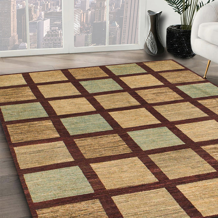 Abstract Metallic Gold Checkered Rug in Family Room, abs1444
