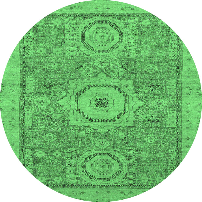 Round Machine Washable Abstract Emerald Green Modern Area Rugs, wshabs1463emgrn
