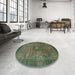 Round Abstract Dark Olive Green Modern Rug in a Office, abs1467