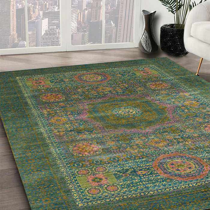 Abstract Dark Olive Green Modern Rug in Family Room, abs1467