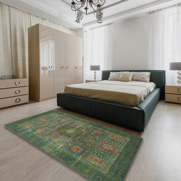 Abstract Dark Olive Green Modern Rug in a Bedroom, abs1467