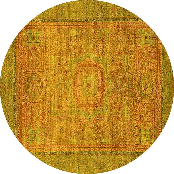 Round Machine Washable Oriental Yellow Modern Rug, wshabs1468yw